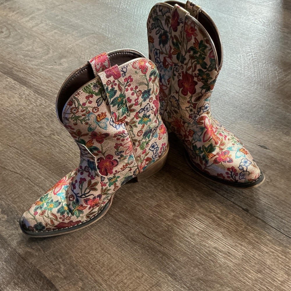 Roper Womens Ingrid Floral Metallic Western Boots Gold Multicolor Sz 6 snip toe‎